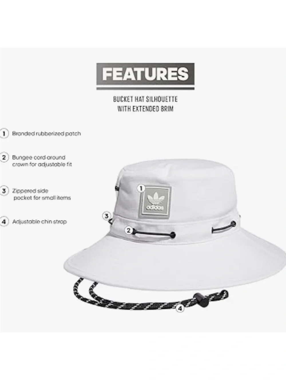 New Adidas White Utility Boonie Hat with Black-White Chin Cord
